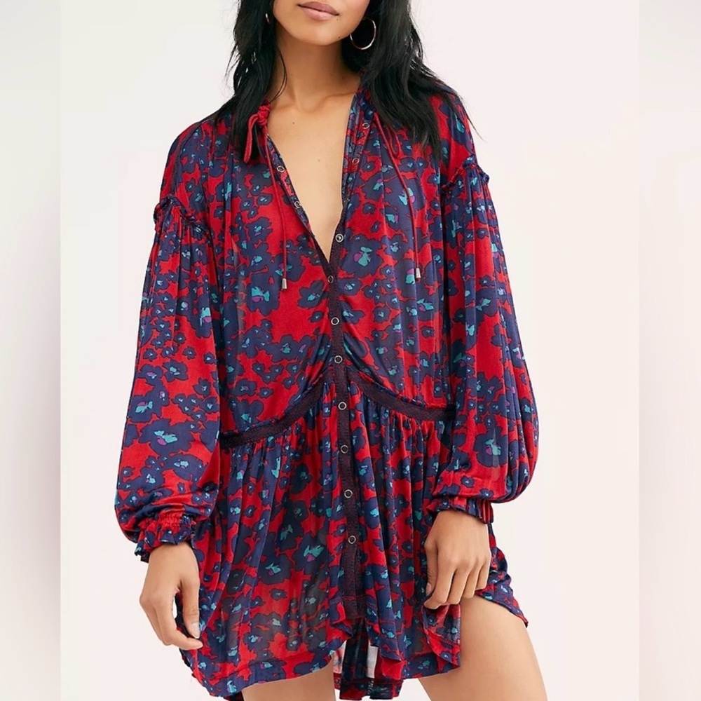 Free People Red and Blue Love Letter 
Tunic Very Oversized Size M Women’s